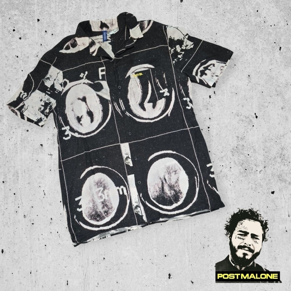 H&M‎ Divided Mens Post Malone Posty Co Graphic Button Down Shirt Black XS